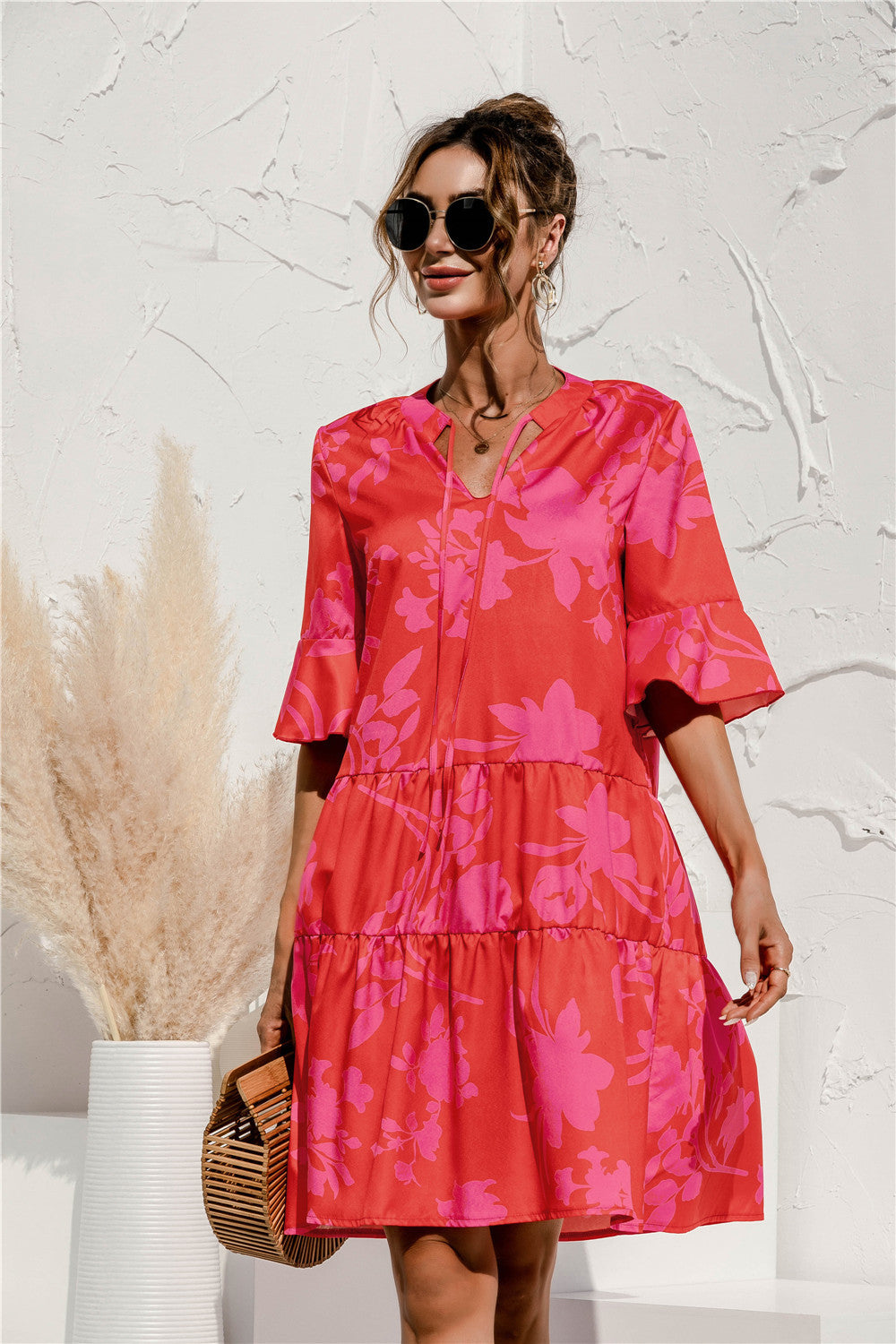 Women's V-Neck Flared Sleeve Tiered Contrast Panel Dress