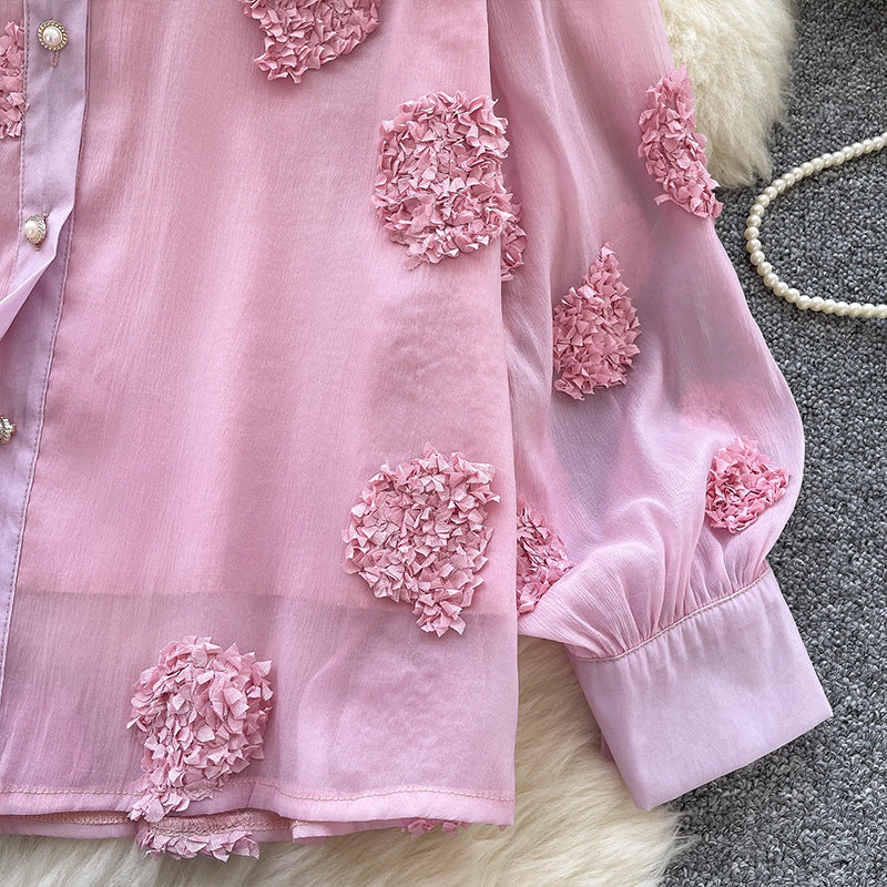 Beaded 3D Floral Mesh Shirt