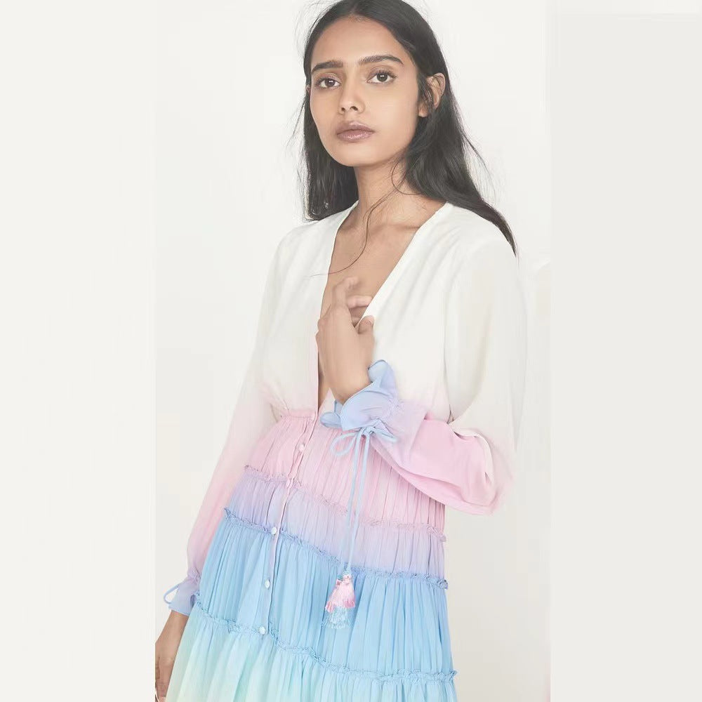 Women's V-Neck Long Sleeve Gradient Print Maxi Dress