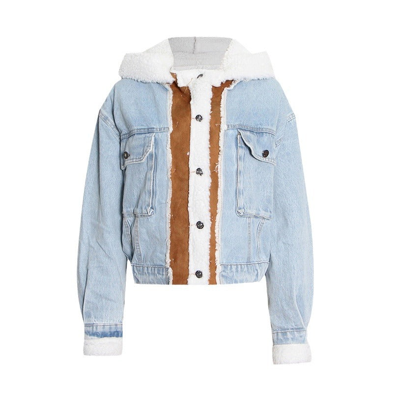 Fashion Designed Lamb Wool with Denim Jacket Coats