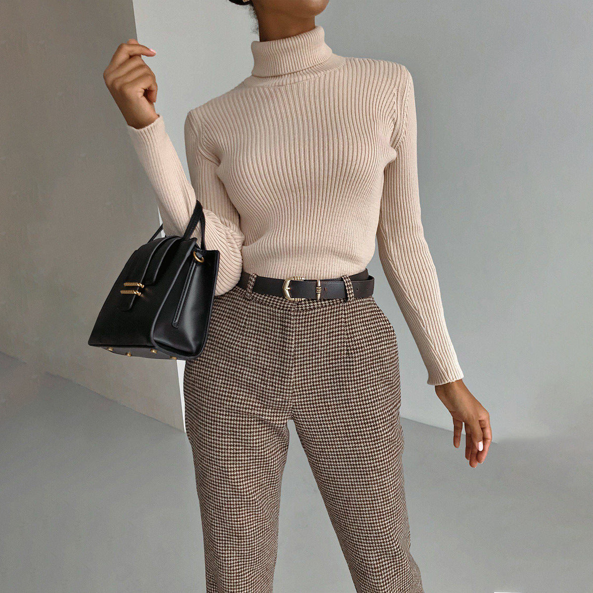 Fashion High Neck Pullover Knitted Tight Sweater