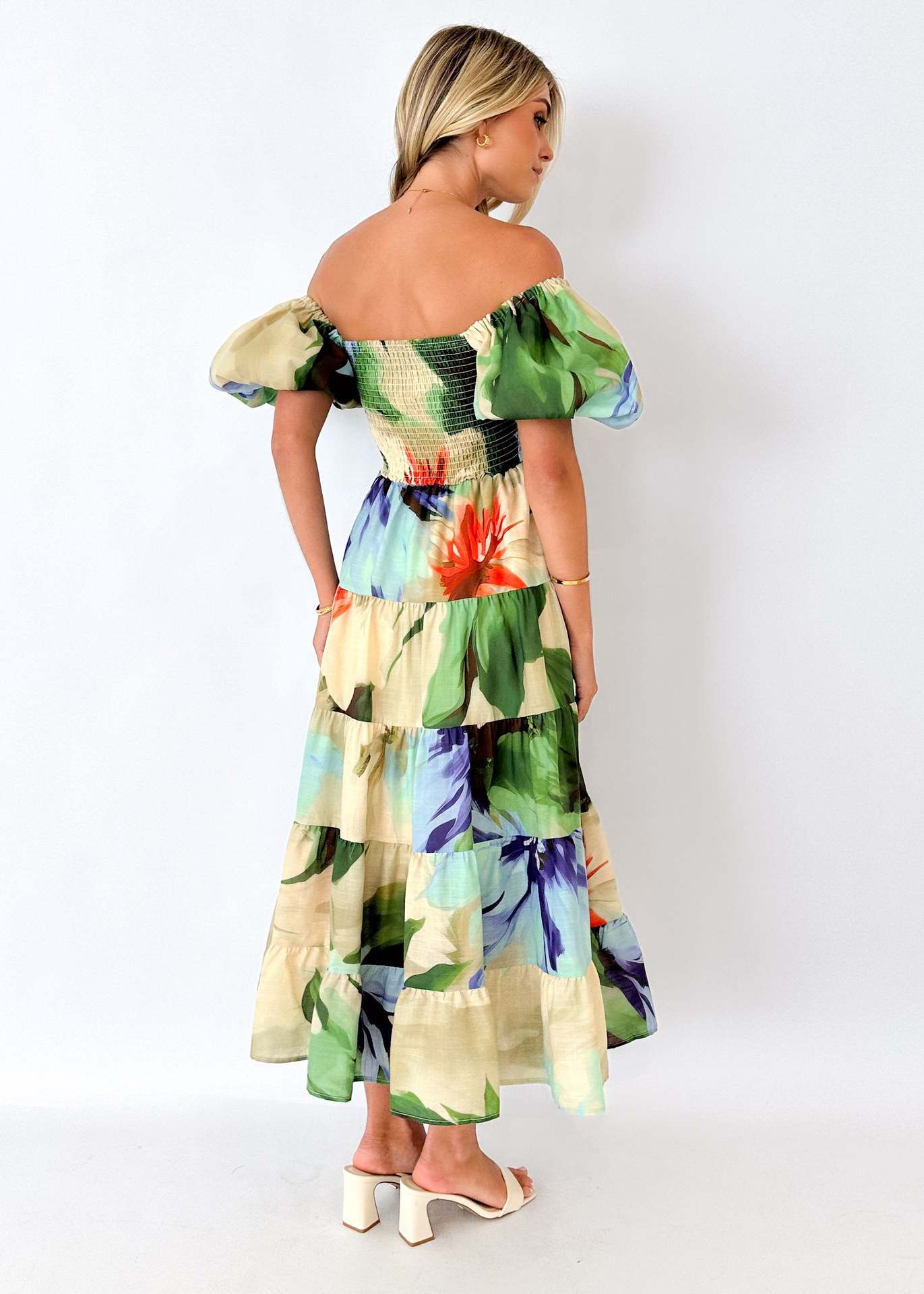 Spring Summer Off-Shoulder Floral Print Puff Sleeve Dress