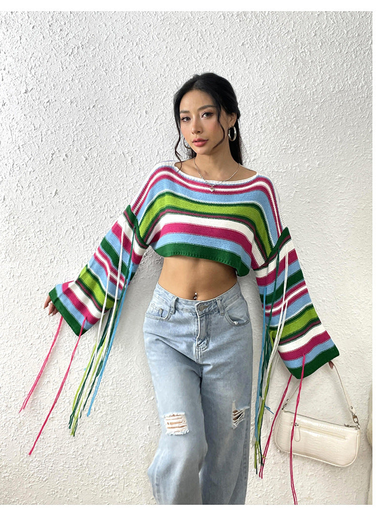 Sexy Rainbow Striped Tassels Short Knitted Blouses