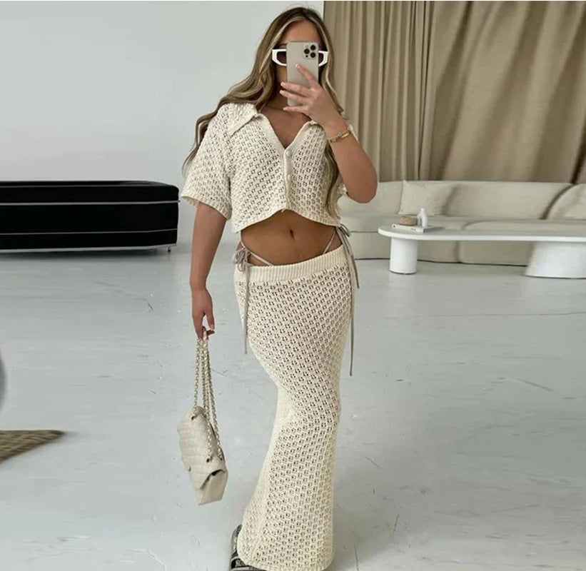 Women's Knit Crochet Lace-Up Cardigan & Skirt Set