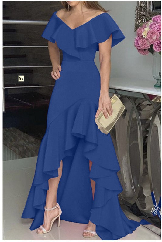 Sexy Classy V Neck Irregular Ruffled Women Long Dresses-Dresses-Dark Blue-S-Free Shipping at meselling99