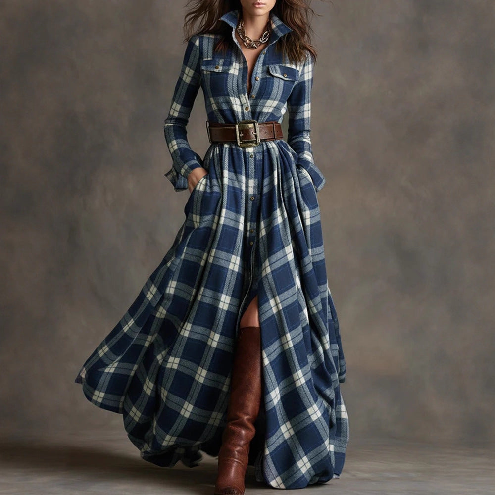 Plus Size French Vintage Plaid Slimming Irregular Hem Dress
