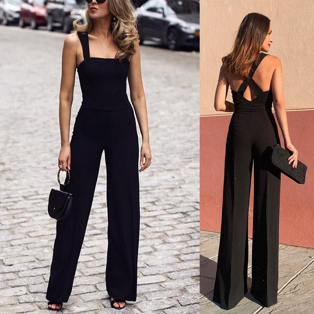 Sexy Shoulder Straps Black Wide Legs Jumpsuits