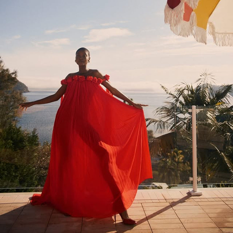 Elegant Off-Shoulder Long Dress with 3D Floral Appliques