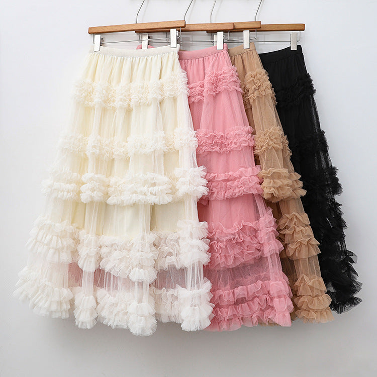 Layered Tulle Skirt - High Waist Ruffled Lace Trim Semi-Formal Skirt