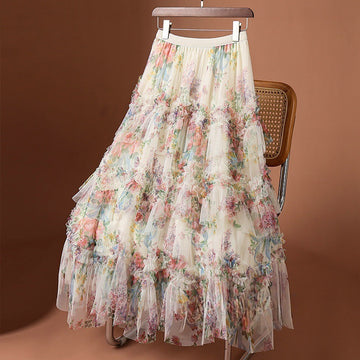 Women's Patchwork Print Mesh Cake Skirt