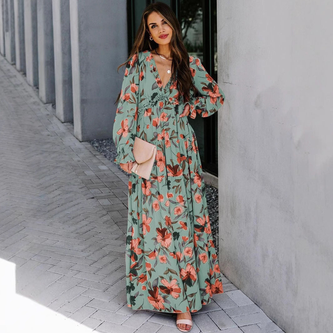 Elegant Long Sleeve Printed Maxi Evening Dress