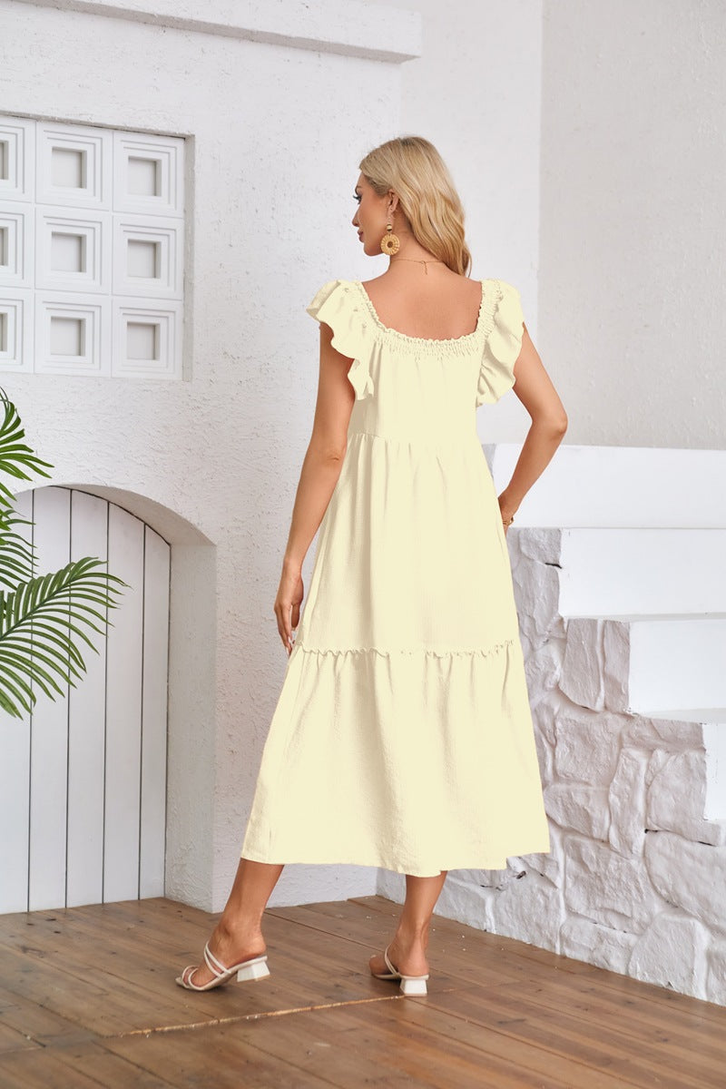 Flying Sleeve Square Neck Off Shoulder Pleated Hem Dress