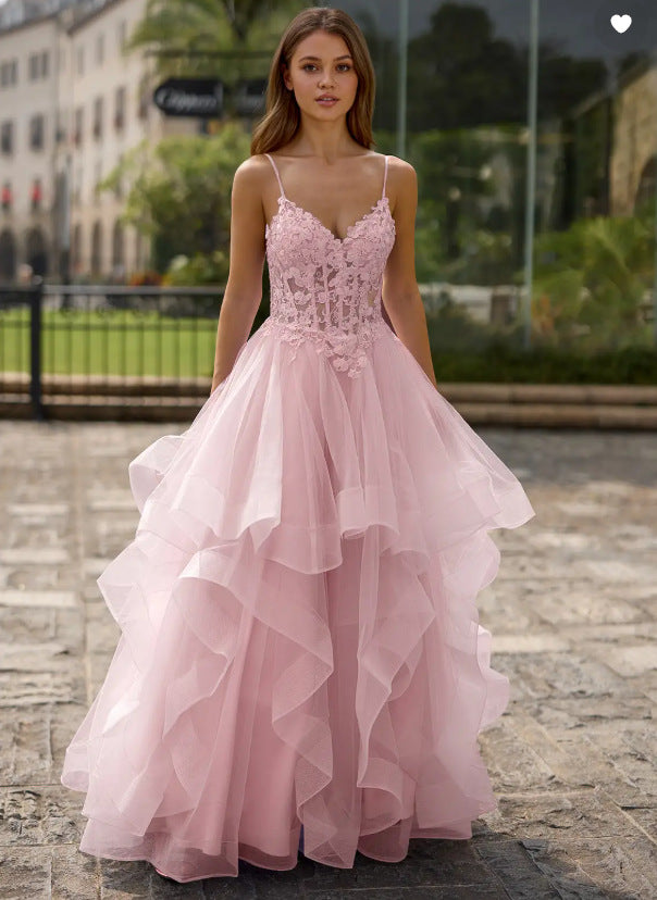 V-Neck Satin Strap A-Line Evening Gown
