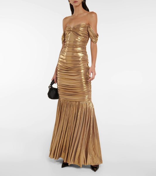 Gold Off The Shoulder Strapless Evening Dresses-Dresses-Free Shipping at meselling99