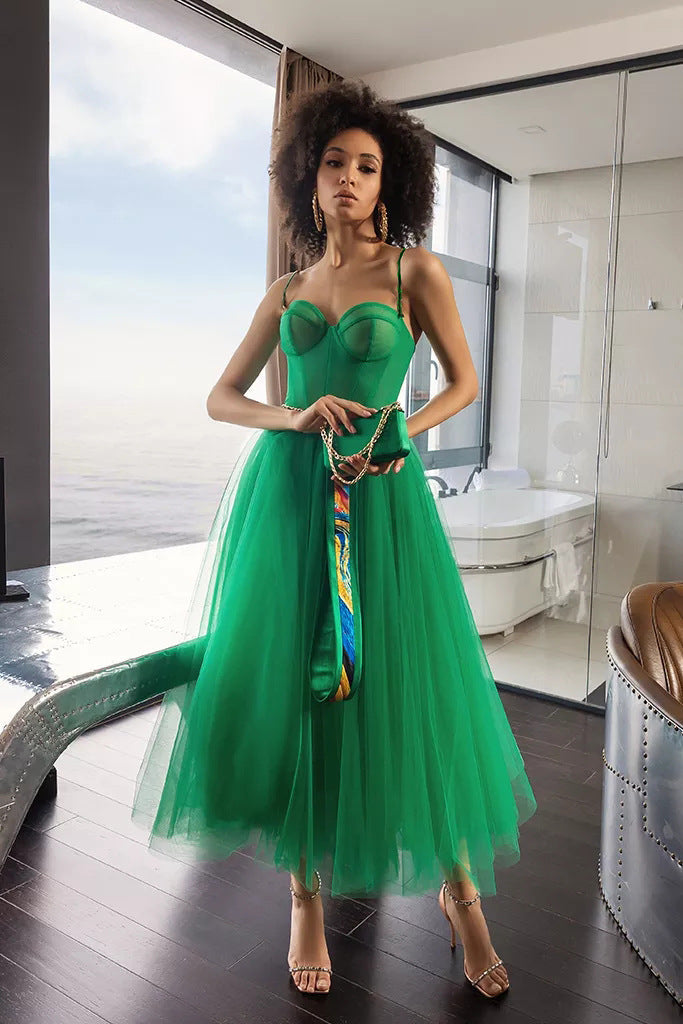 Green Tulle Shoulder Straps Party Dresses-Dresses-Free Shipping at meselling99