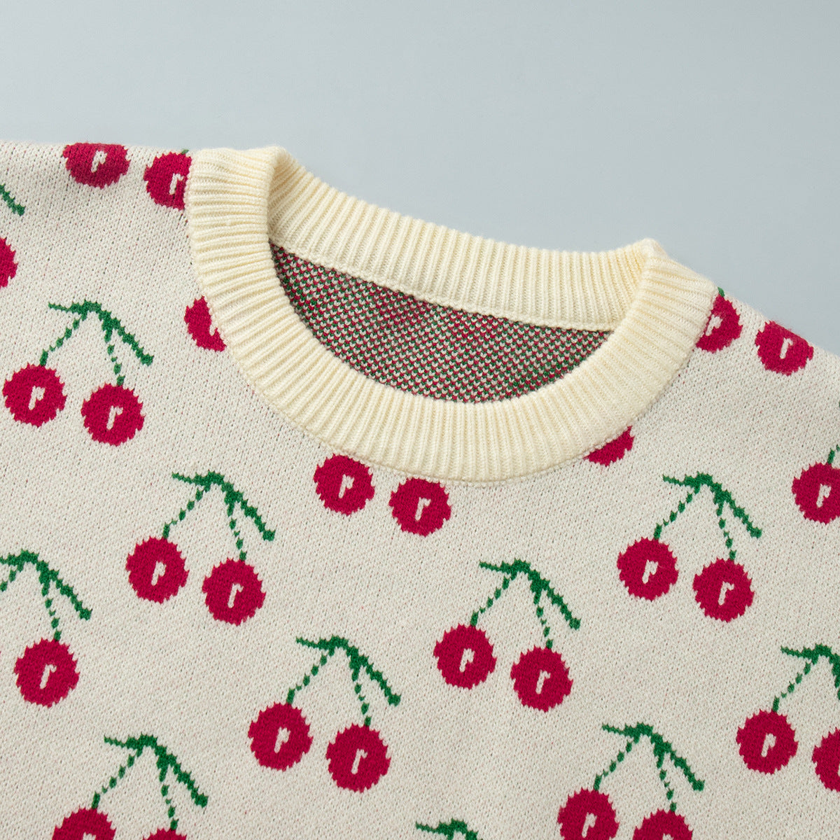 Sweet Cherry Print Sweater - Loose Knit Oversized Pullover