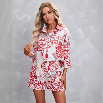 Women's Summer Floral Print Shorts & Short-Sleeve Casual Set