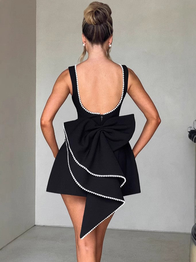 Summer Pearl Bow Backless A-Line Mini Dress