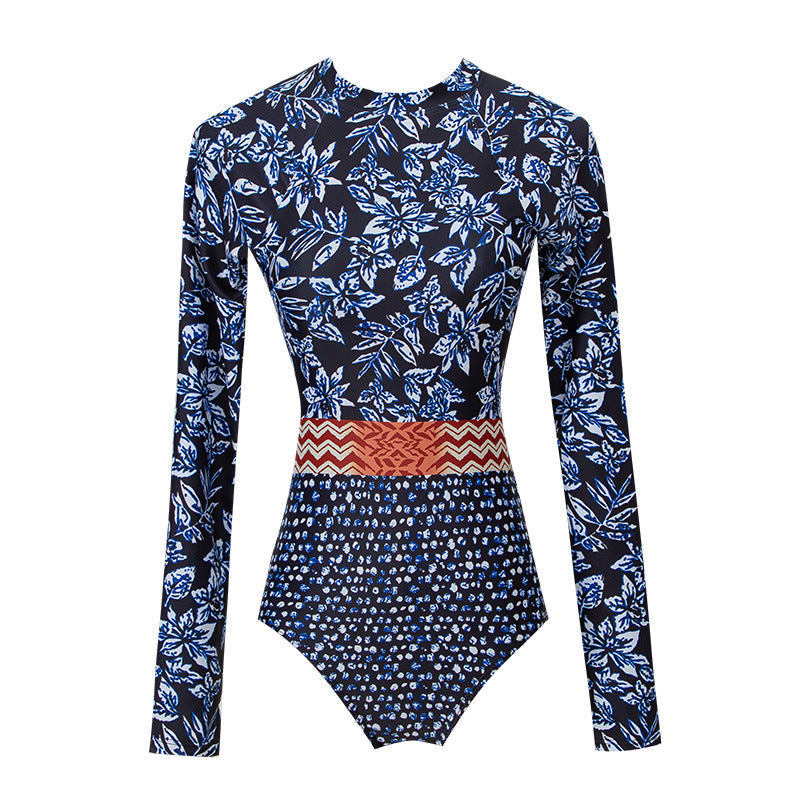 Blue Floral Print Long Sleeves Surf Wear