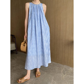 Summer Water Ripple Texture Round Neck Sleeveless Maxi Dress