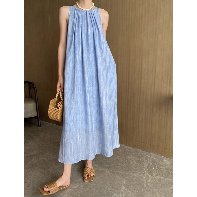 Summer Water Ripple Texture Round Neck Sleeveless Maxi Dress