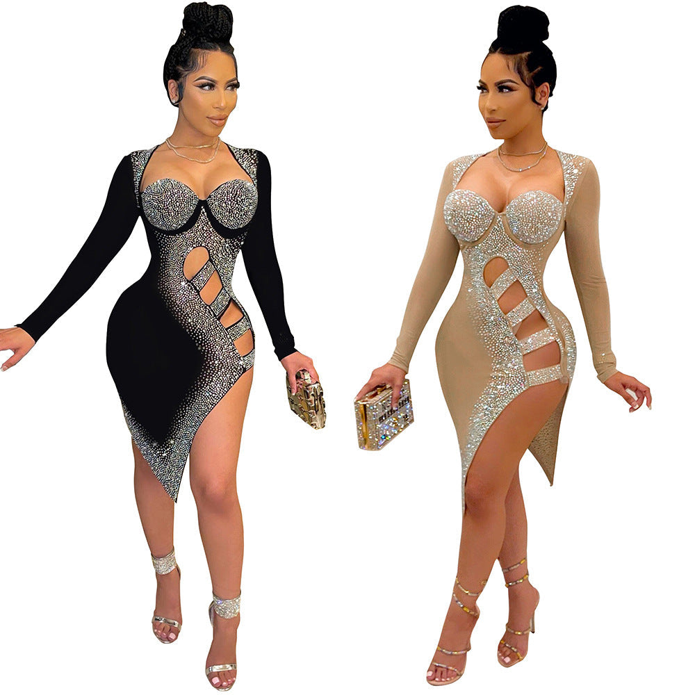 Sexy Long Sleeves Diamond Night Club Dresses-Sexy Dresses-Free Shipping at meselling99