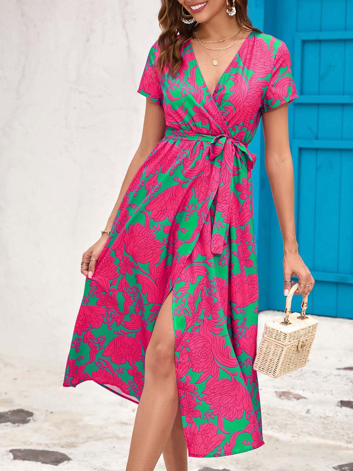 Summer Floral Print V-Neck Split Hem Midi Dress