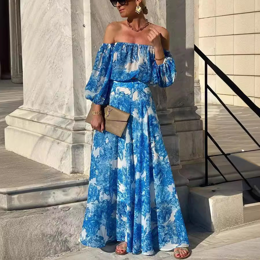 Off-Shoulder Floral Print High Waist Elegant Dress