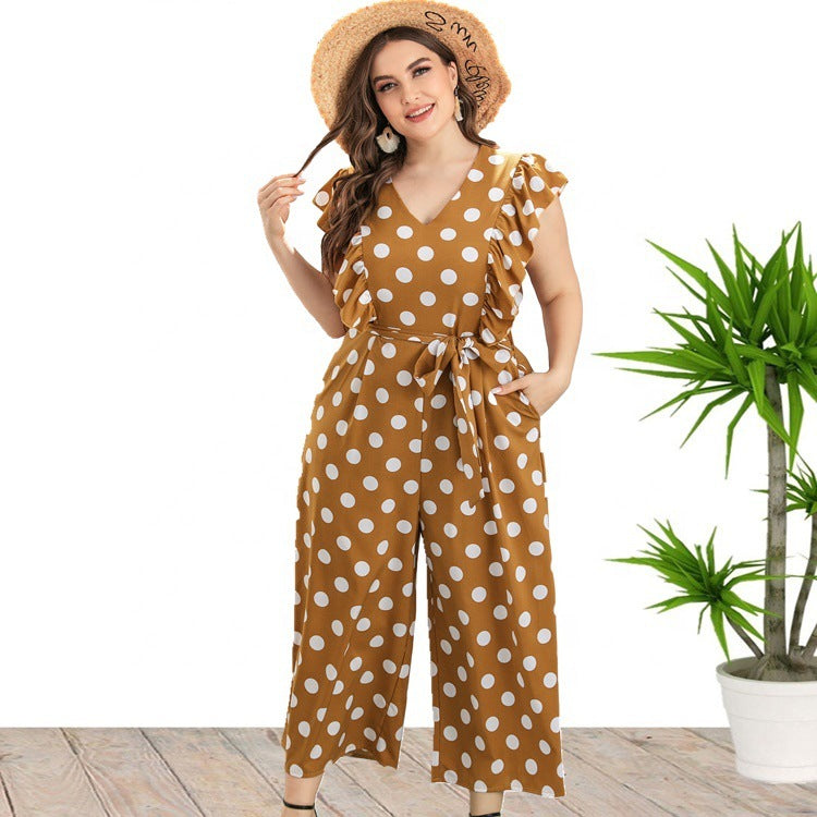 Summer Ruffed Polk Dot Plus Size Jumpsuits-Yellow-XL-US 14-Free Shipping at meselling99