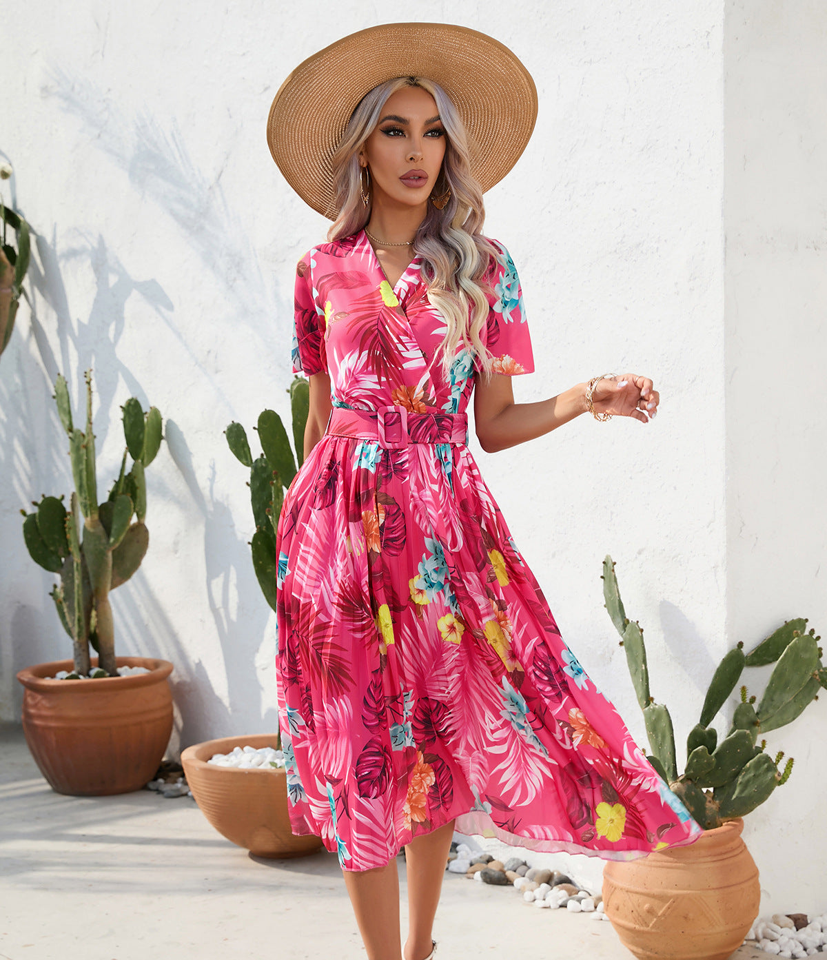 Summer Floral Print Crinkle Midi Short Sleeve Dress