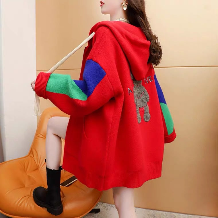 Women's Longline Color-Block Hooded Cardigan – Oversized Chunky Knit Sweater Coat