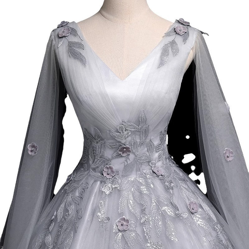 Gray V Neck Plus Sizes Ball Gown Gray Evening Dresses