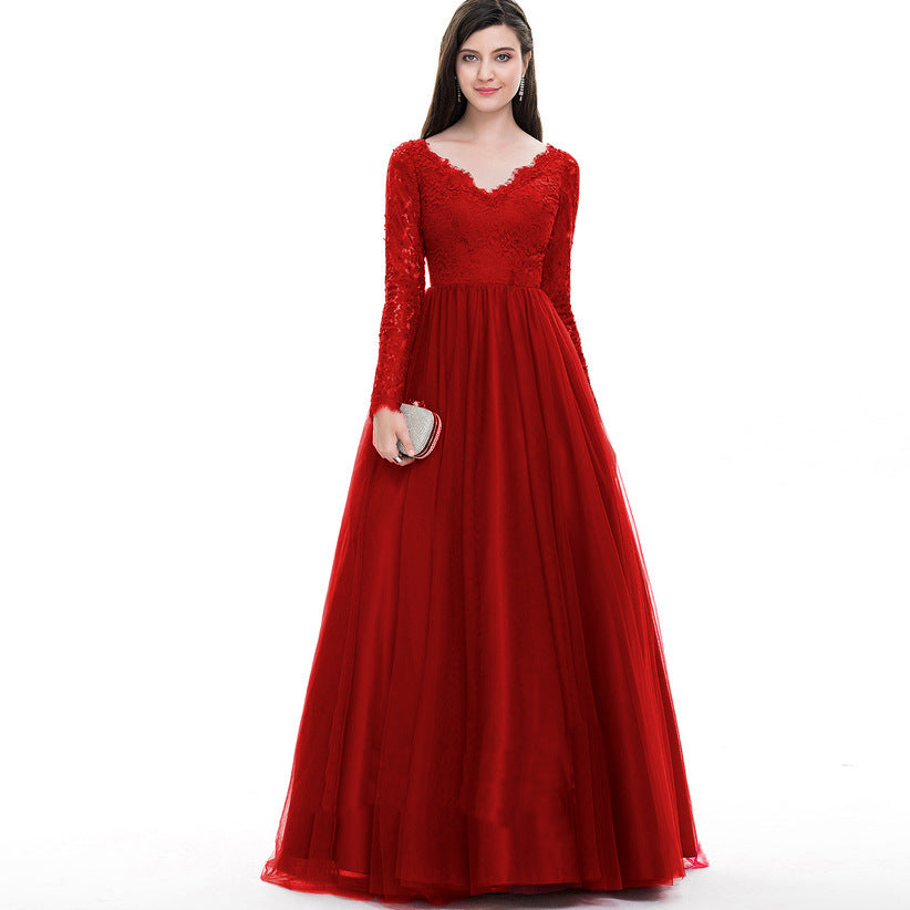 Elegant Long Sleeves Red Lace Evening Dresses-Dresses-Free Shipping at meselling99