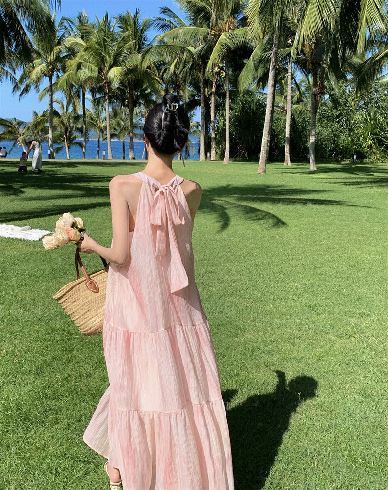 Sweet & Stylish Tie-Front Halter Sundress – Oversized Pink Tie-Dye Maxi Dress-Pink-S-Free Shipping Leatheretro