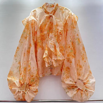 Bow Tie Lantern Sleeve Ruffle Blouse