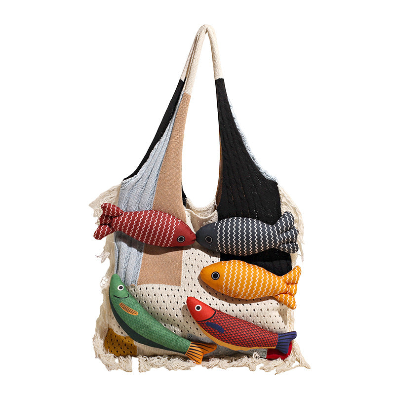 Patchwork Knit Shoulder Bag with Checkered Design
