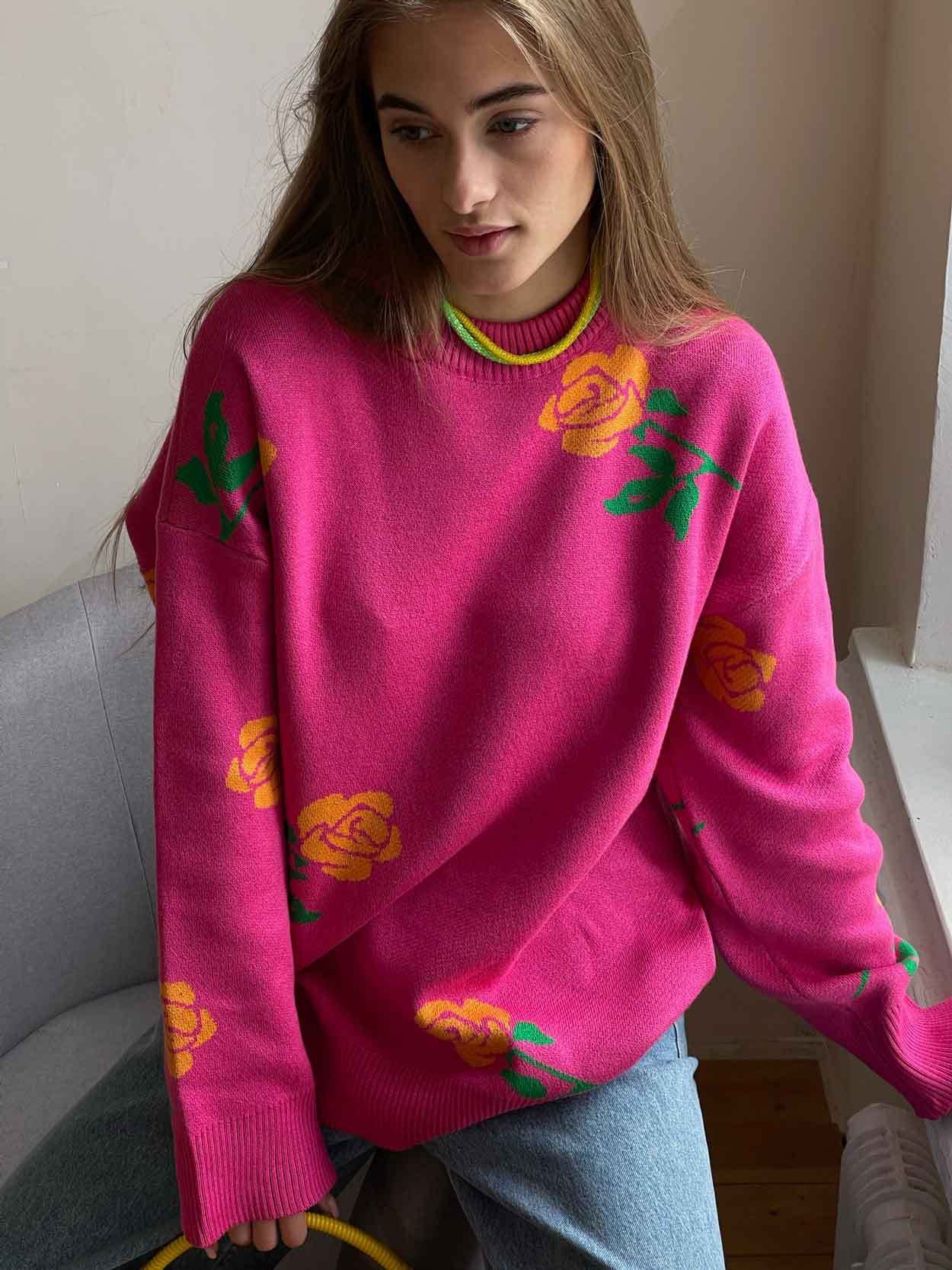 Fashion Rose Flowers Winter Knitted Women Sweaters