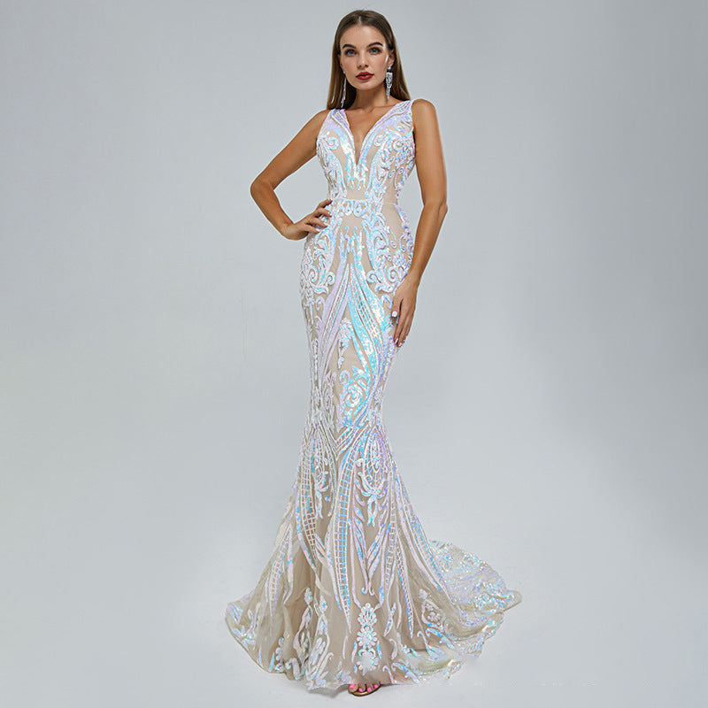 Sexy V Neck Sequined Sleeveless Evening Dresses