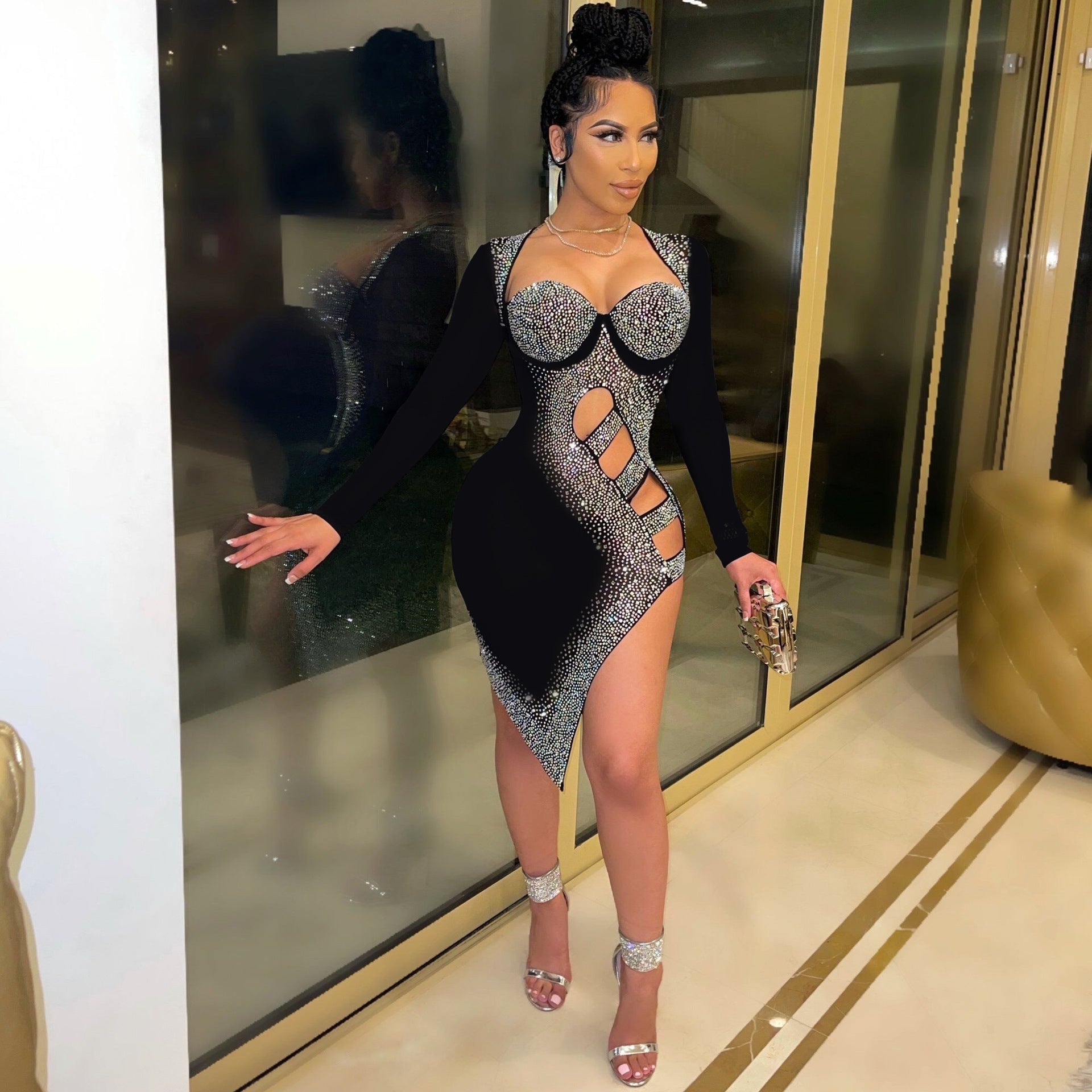 Sexy Long Sleeves Diamond Night Club Dresses-Sexy Dresses-Free Shipping at meselling99