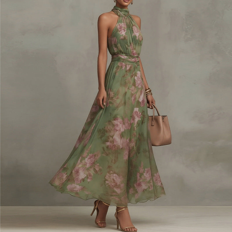 Elegant Halter Neck Sleeveless Print Maxi Dress