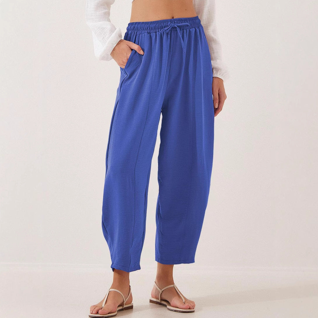 Women's Summer High-Waisted Loose Vacation Drawstring Casual Cropped Pants with Side Pockets