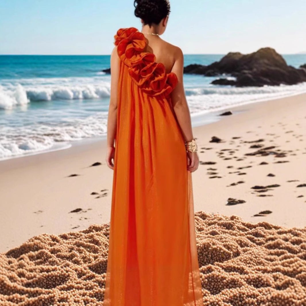 Women's Solid Color Off-Shoulder Draped Dress with 3D Floral Detail