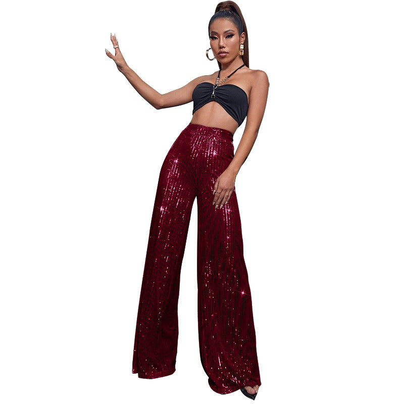 Fashion High Waist Sequin Summer Wide Legs Pants