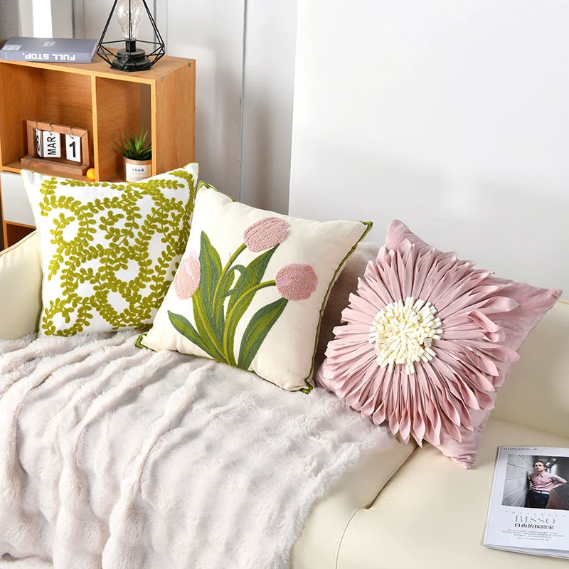 Embroidered Tulip Flower Pillow Cover