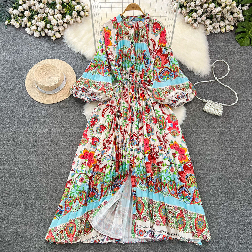 Retro Palace Style Lantern Sleeve Round Neck A-Line Floral Print Button-Down Waist Dress