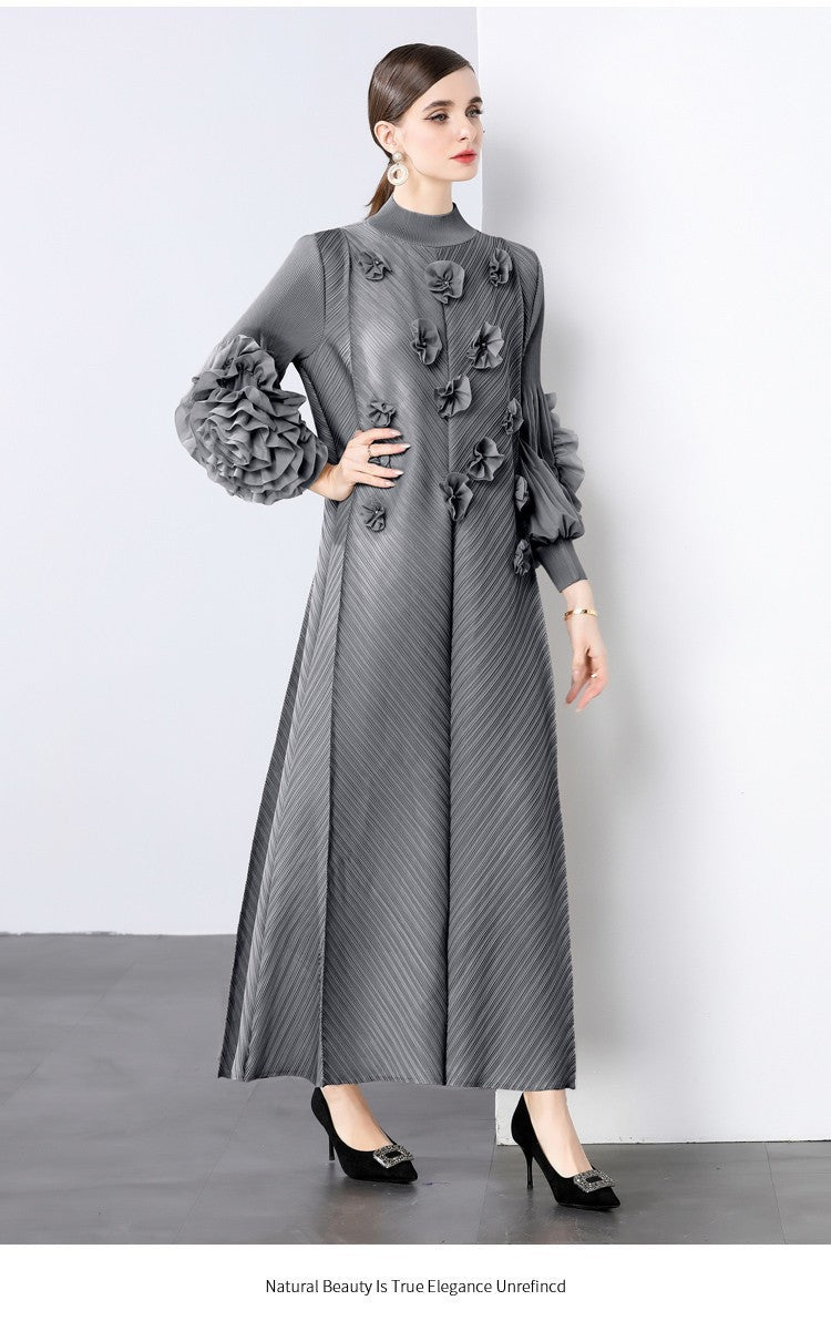 Stylish Slim-Fit Solid Color High Neck Dress with 3D Flowers