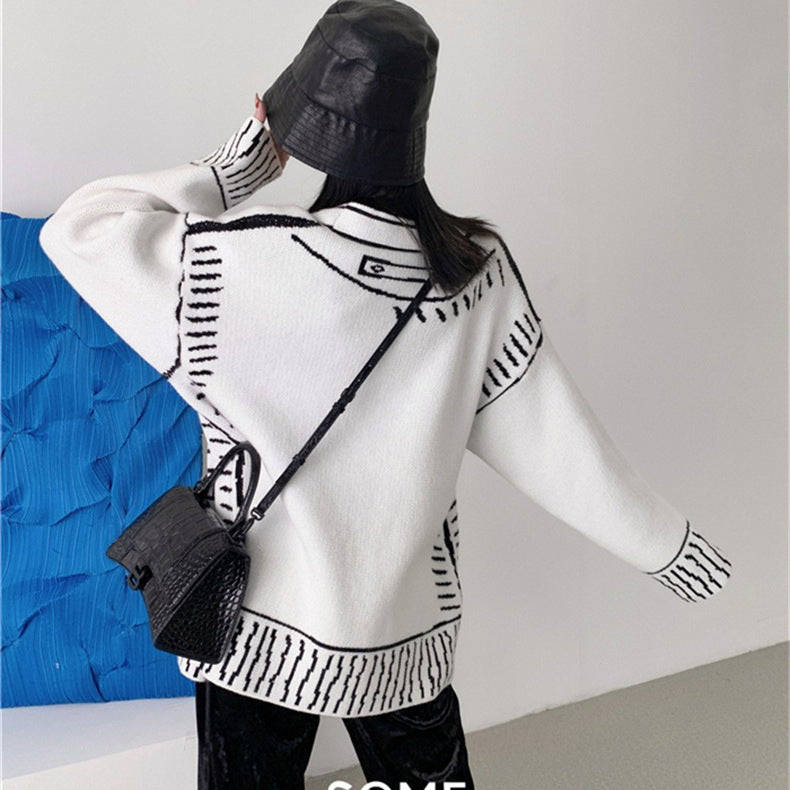 Oversized Black and White Graphic Doodle Knit Cardigan
