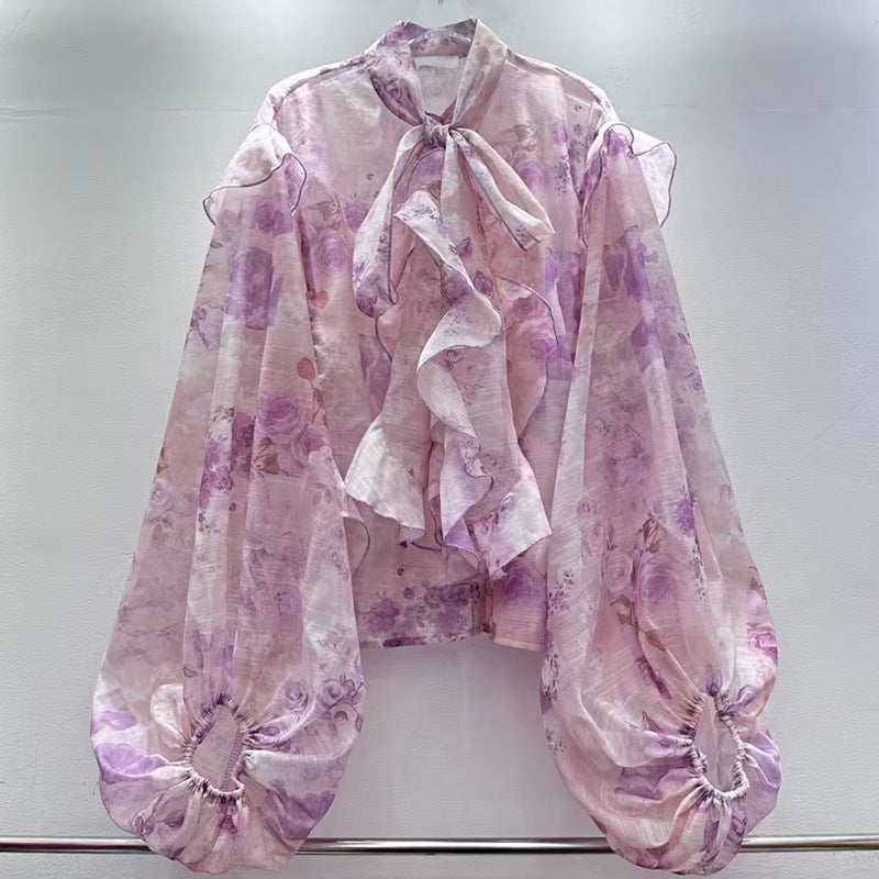 Bow Tie Lantern Sleeve Ruffle Blouse