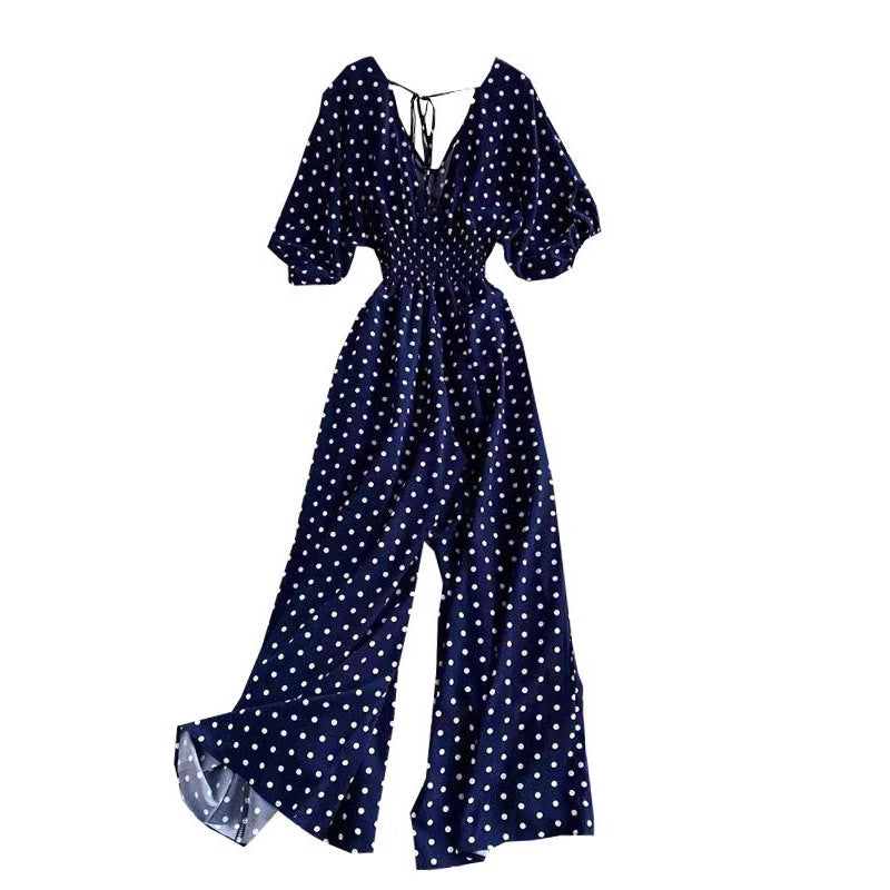 Women's Sexy V-Neck Batwing Sleeve Waist-Cinching Slimming Polka Dot Print Jumpsuit