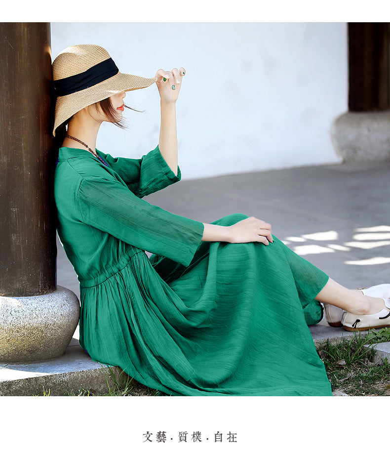 Casual Linen Half Sleeves Drawstring Long Cozy Dresses-Dresses-Free Shipping at meselling99